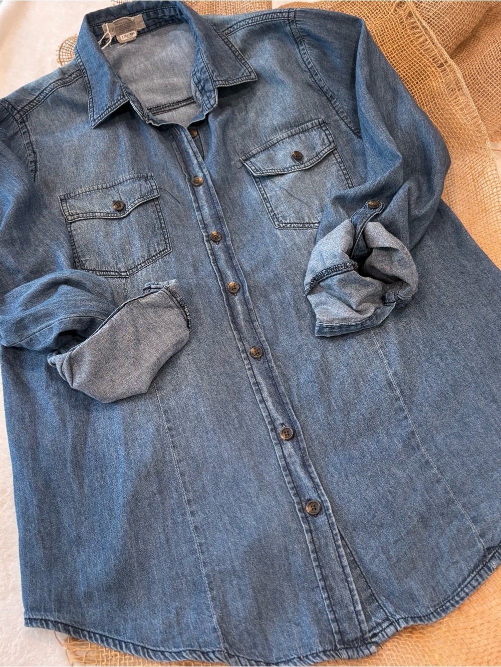 Passport Medium Wash Denim Button Down Shirt / 100% Cotton Chambray Top / Size M